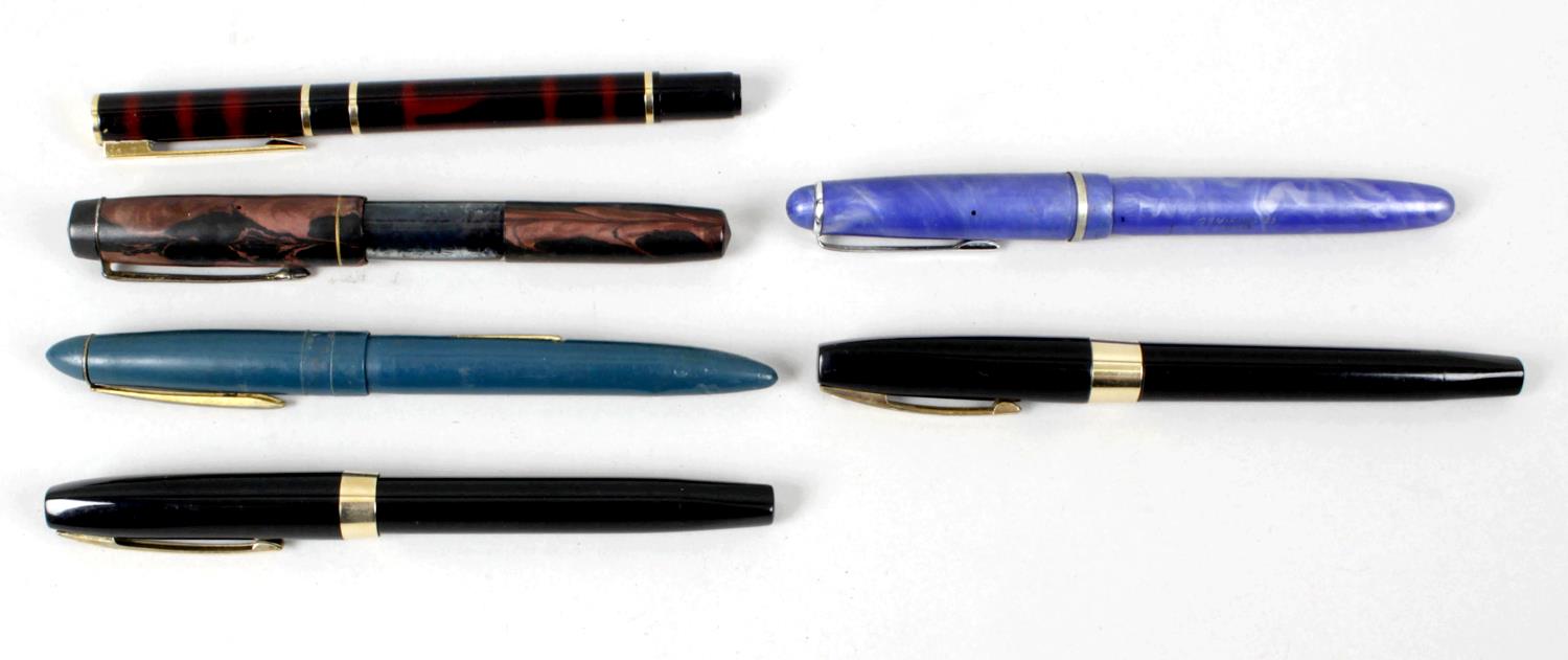 A group of six assorted fountain pens,