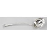 A George III silver soup ladle, of Old English pattern with engraved monogram to terminal.