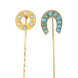 Two late Victorian 18ct gold gem-set stickpins.