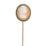 A late Victorian shell cameo stickpin.