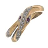 A ruby and diamond snake ring.