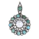 A late 19th century gold and silver turquoise and diamond pendant.