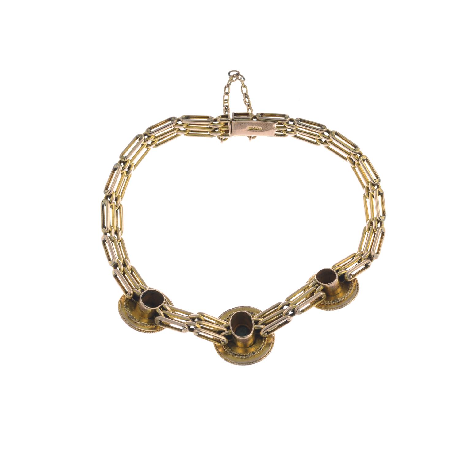 An early 20th century 9ct gold turquoise and split pearl gate bracelet. - Image 2 of 2