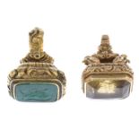 Two mid 20th century 9ct gold gem-set fobs.