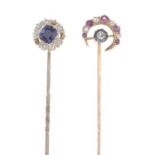 Two late Victorian diamond and gem-set stick pins.