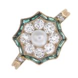 A cultured pearl, emerald and diamond cluster ring.