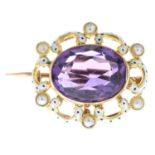 An early 20th century amethyst split pearl and enamel brooch.