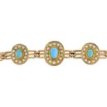 An early 20th century 9ct gold turquoise and split pearl gate bracelet.