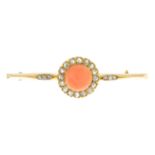 An early 20th century gold coral and diamond bar brooch.