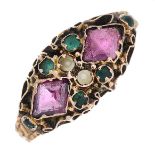 A mid Victorian 15ct gold garnet, emerald and split pearl ring.