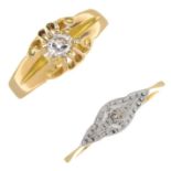 Two early 20th century 18ct gold diamond single-stone rings.