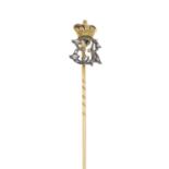 An Edwardian gold and silver, diamond and enamel Royal presentation stickpin.