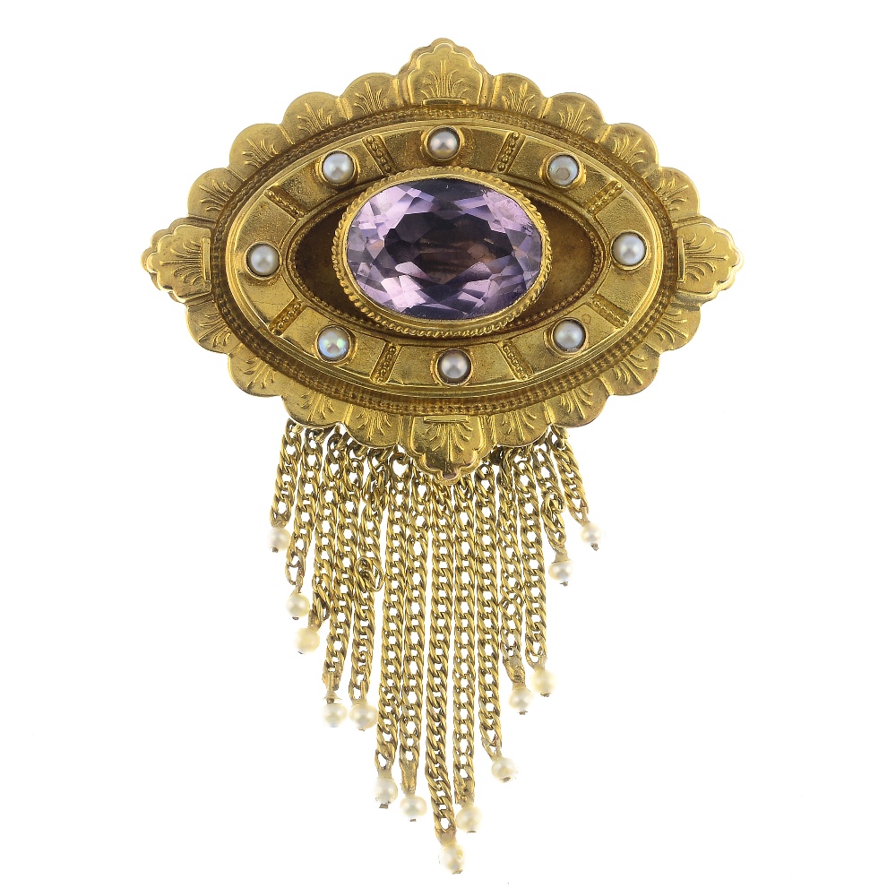 A late Victorian gold amethyst, split pearl and seed pearl brooch.