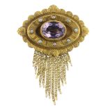 A late Victorian gold amethyst, split pearl and seed pearl brooch.