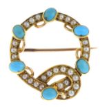 An early 20th century gold turquoise and split pearl brooch.