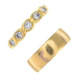 (64334) An 18ct gold band ring and an 18ct gold brilliant-cut diamond five-stone ring.