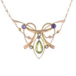 An early 20th century peridot, amethyst and split pearl necklace.