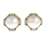 A pair of mabe pearl and diamond earrings.