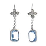 A pair of aquamarine and diamond drop earrings.