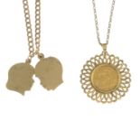 (64413) A 9ct gold chain with two pendants and a 9ct gold chain with a half-sovereign pendant.