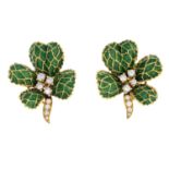 A pair of 1960s 18ct gold diamond and enamel earrings.