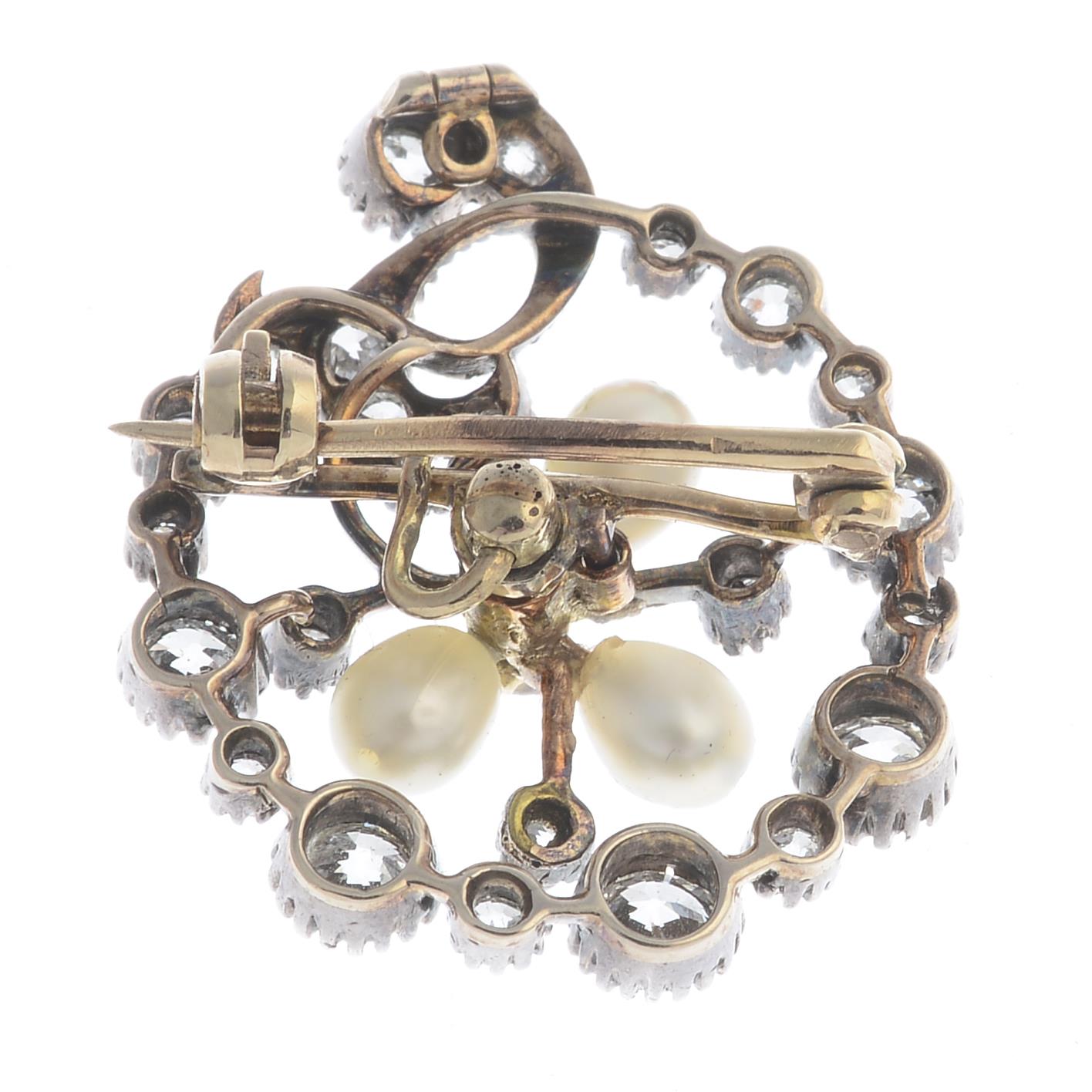 A late Victorian silver and gold, diamond and cultured pearl brooch. - Image 2 of 2