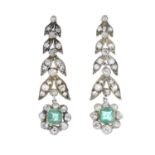 A pair of 19th century silver and gold emerald and diamond earrings.