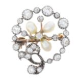 A late Victorian silver and gold, diamond and cultured pearl brooch.