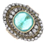 A mid 19th century silver and gold, emerald and diamond cluster ring.