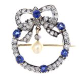 A late Victorian silver and gold, sapphire, diamond and pearl brooch.