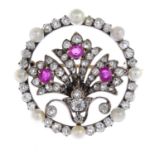 A late Victorian silver and gold, diamond and gem-set brooch.