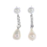 A pair of natural pearl, diamond and cultured pearl earrings.