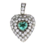 An emerald and diamond heart locket pendant.