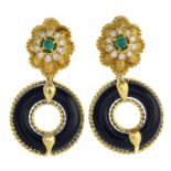 A pair of chrysoprase, diamond and onyx earrings.