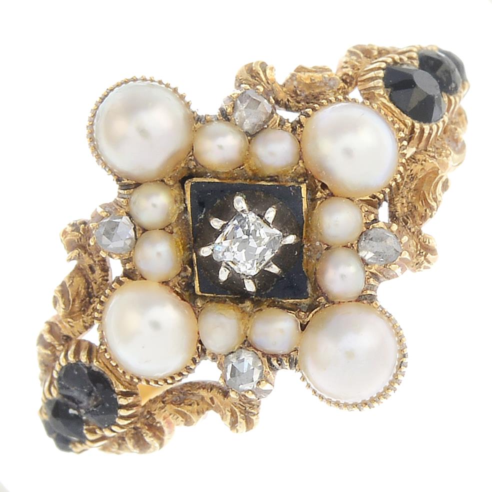 A Georgian diamond, split pearl and garnet memorial ring.