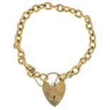 A bracelet. Designed as a curb-link chain, with a 9ct gold heart-shape padlock clasp.