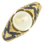 A late 19th century 18ct gold cultured pearl and enamel memorial ring.