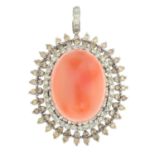 A coral, diamond and 'coloured' diamond pendant.