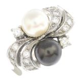 A cultured pearl and diamond ring.