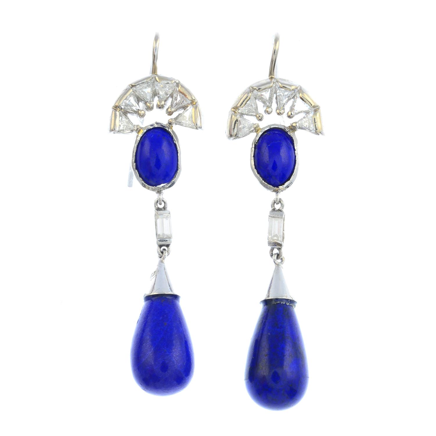 A pair of lapis lazuli and diamond earrings.