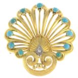 A turquoise and diamond brooch.