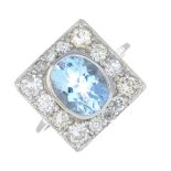 An aquamarine and diamond cluster ring.