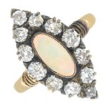 A late Victorian 18ct gold opal and diamond cluster ring.