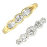 Two rings. To include an 18ct gold oval-shape diamond three-stone ring,