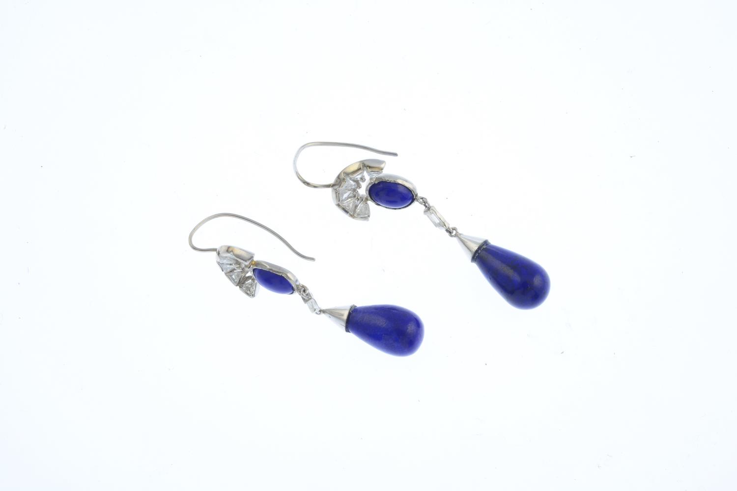 A pair of lapis lazuli and diamond earrings. - Image 2 of 2