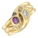 A late Victorian 18ct gold ruby and diamond ring.