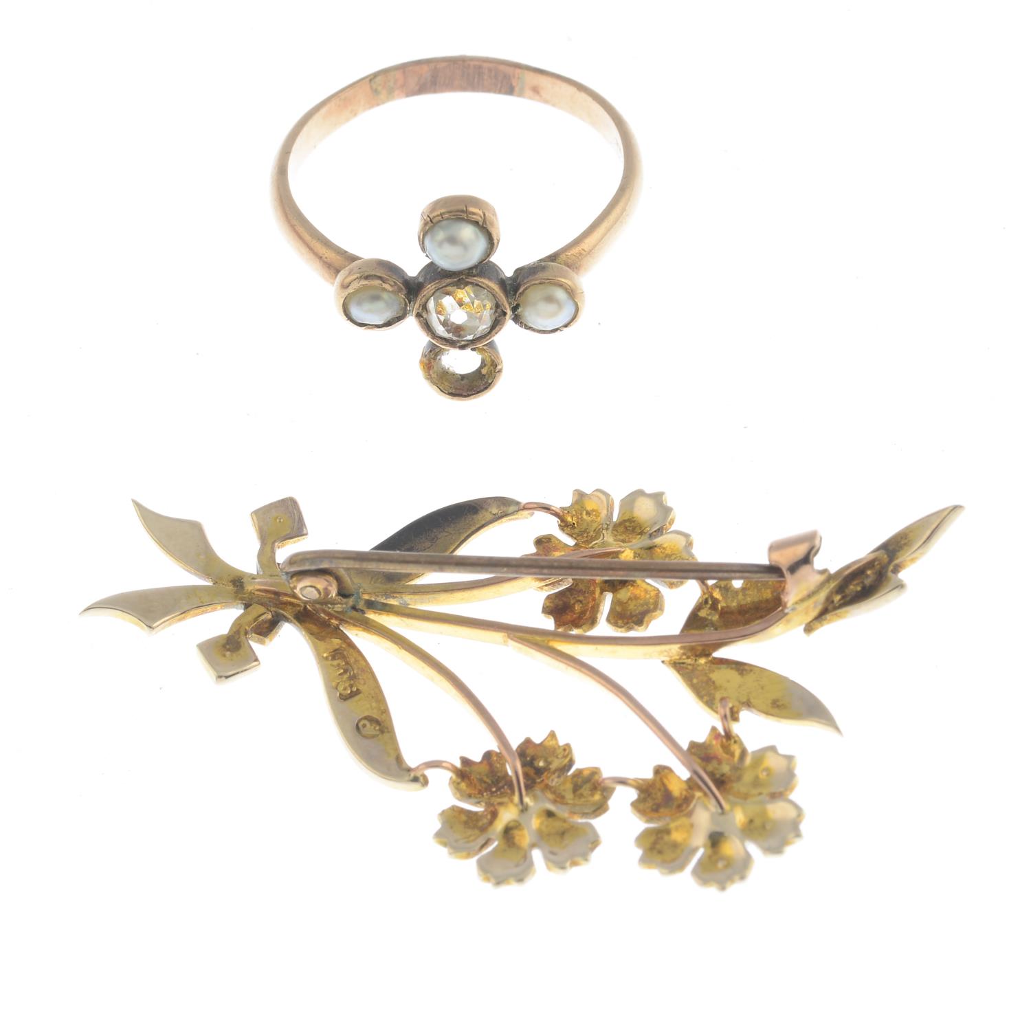 An early 20th century 9ct gold seed and split pearl brooch and a diamond and split pearl ring. - Image 2 of 2