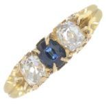 An early 20th century 18ct gold sapphire and diamond three-stone ring.