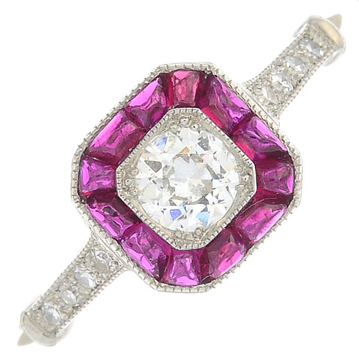 A diamond and synthetic ruby cluster ring.