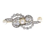 An early 20th century silver and gold, pearl and diamond brooch.